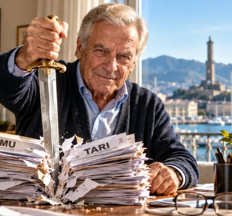 Un pensionato taglia con una spada una pila di cartelle IMU e TARI